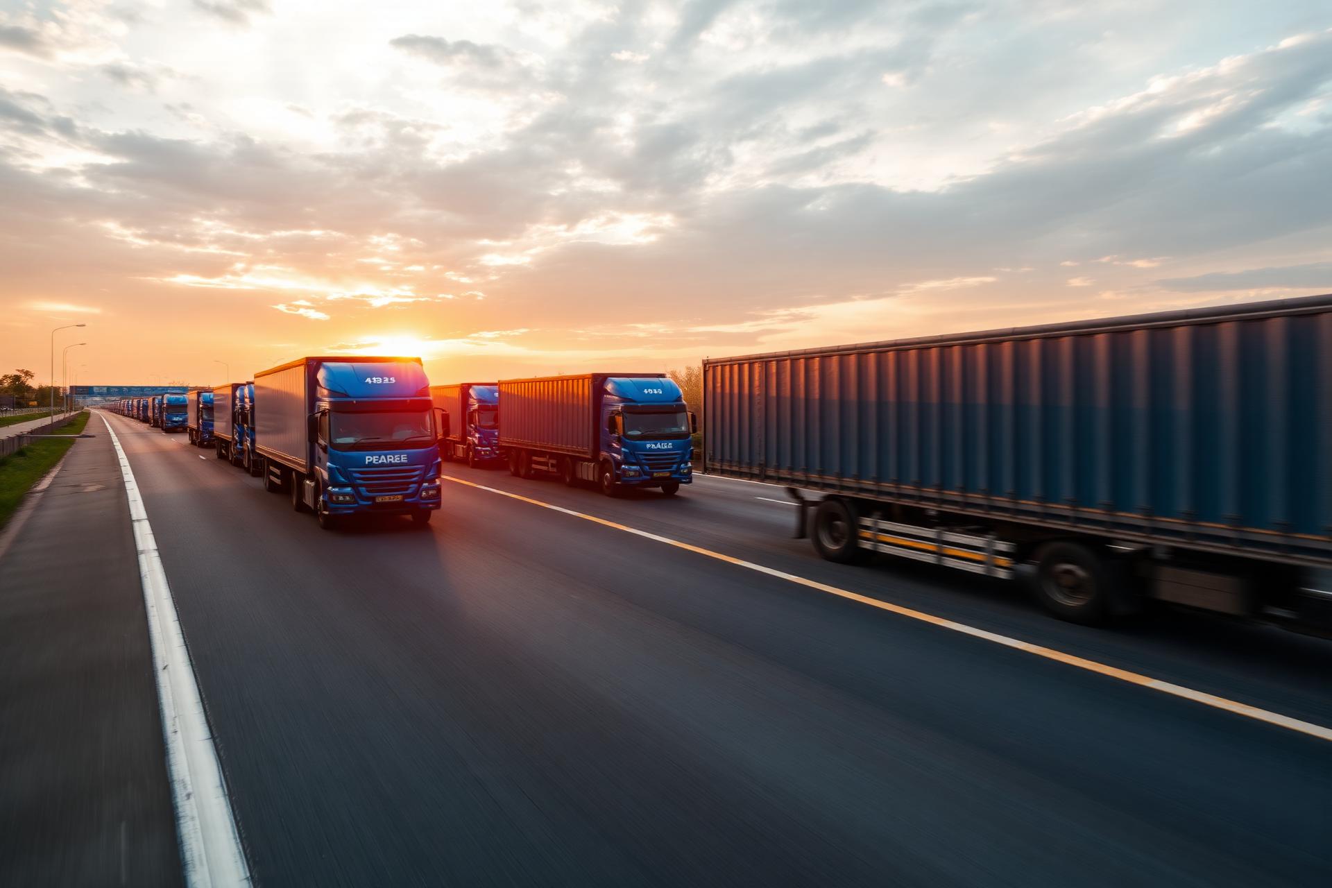 Fleet of trucks on Indian highway at sunset